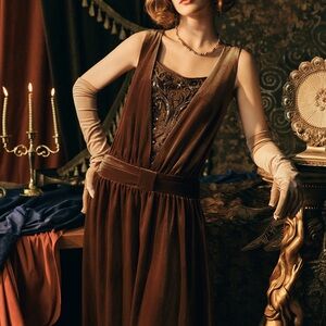 1920s Babeyond Vintage Velvet Pleated Waist Belt Evening Gown NWT